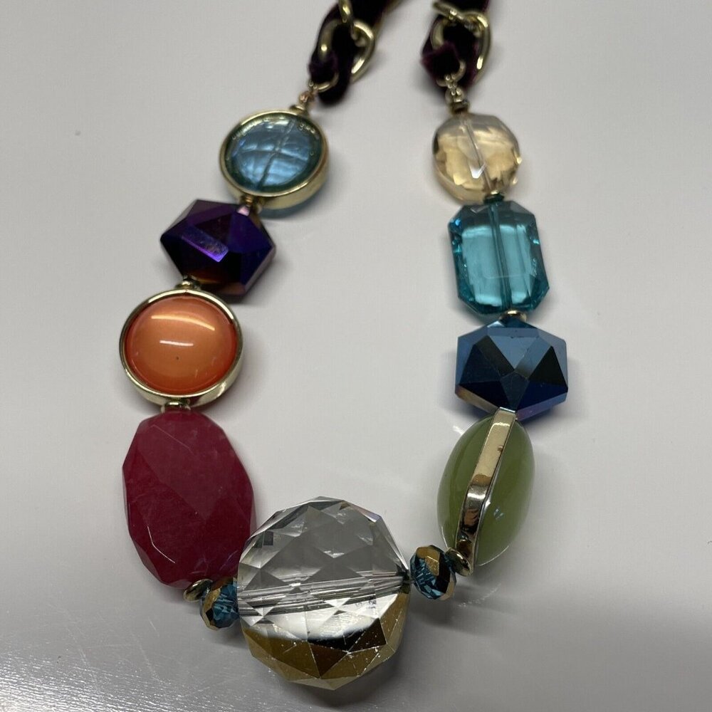 Beaded Multicolored Necklace Gold Tone Mixed Materials Rainbow Statement Chain - Picture 11 of 16